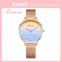 KIMIO Women Watch Quartz Diamond Big Dial Ocean Blue Fashion Creative Rose Gold Stainless Steel Mesh Strap 2022 New Ladies Watch