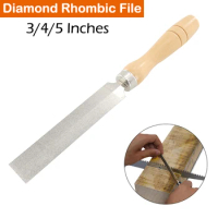 3/4/5 inch Diamond File Rhombic with Wooden Handle for Diamond Wood Carving Metal Glass Grinding Woodworking Garden Tool