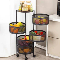 Kitchen Rotating Storage Shelves Rack With 5-TierMetal Multi Layer Removable Basket Shelf Organizer Rolling Wheels