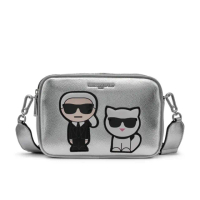 【KARL LAGERFELD 卡爾】MAYBELLE IKONIK & CHOUPETTE真皮相機包 銀灰(原廠公司貨)