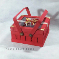 kerajinan Box kue Packaging Premium quality 25 cm mika kaca transparan merah emas pita goni rustic r