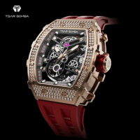 TSAR BOMBA Mens Automatic Watch Mechanical Diamond Wristwatch Waterproof Sapphire Clock Fashion Skeleton Watch for Me