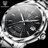 LIGE High-end Mens Watches Creative Wword-Shaped Pointer Fashion Mechanical Watch Men Tungsten Steel 50m Waterproof Sports Watch
