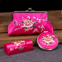 中國特色手工藝刺繡零錢包鏡子口紅盒套裝活動禮品出國送老外禮物