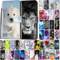 Case For Samsung Galaxy S21 Plus S22 Ultra S21+ Colorful Cat Lion Flower Painted Wallet Flip Card Holder Stand Book Cover Etui