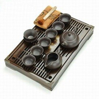 【茶具套裝-年年有餘紫砂神思套裝-盤43*27.8*5.5cm-12件/套-1套/組】整套宜興原礦紫砂茶具柯木茶盤套裝-7501015