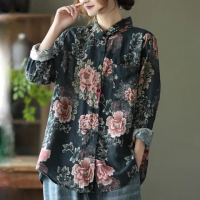 【艾美時尚】中大尺碼女裝 上衣 復古花卉棉麻印花襯衫。M-3XL(牡丹花.預購)