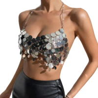 Women's Fitted Cami Top Silver Sleeveless Halter Neck Sequins Glitter Crop Tops Going Out Mini Tops for Party Outfits Clubwear