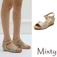 【MIXTY】坡跟涼鞋 魚口涼鞋/歐美復古金屬亮皮拼接魚口露趾坡跟涼鞋(金)