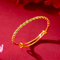 18K Gold Pure Yellow Bangles 999 Adjustable Fried Dough Twist Luxury Women Wedding Trendy Party Jewelry Bracelets