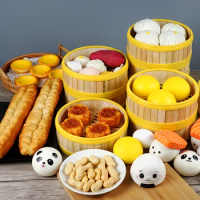 Simulation Chinese Breakfast Steamer Food Dumplings Snack Cooking Barbecued Bun Model With Bamboo Cage