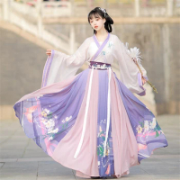 Chinese Woman Dress Hanfu Ancient Traditional Fairy Embroidery Stage Flok Dance Costume Retro Tang Dynasty Elegant Performance