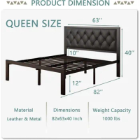 Queen Size Metal Bed Frame with Faux Leather Button Tufted Headboard, Platform Bed Frame with 12" Storage, Steel Slats Support