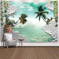Imitation Window Landscape Tapestry Wall Hanging Peacock Coconut Oean Tapestries Art Wall Carpet Cloth Room Home Decoration