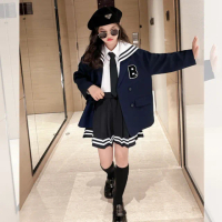 【UniKids】現貨 中大童3件套130碼海軍領長袖外套長袖襯衫百褶短裙 JK風 女大童 CVL586(三件套)