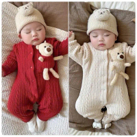 bodysuit len dài tay cho bé trai bé gái mẫu tết thêu hình gấu xù, áo liền quần tết cho bé