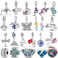 925 Sterling Silver Inlaid Zircon Beads Charms Heart-shape Colorful Dangle Pendants Fit Original Pandora Bracelet Bangle Jewelry