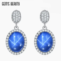 Gem's Beauty Oval Cut 8X10mm Lab Star Sapphire Stud Earrings Halo Enamel For Women Fine Jewelry Earrings 925 Sterling Silver