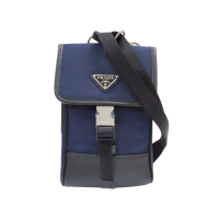 【二手名牌BRAND OFF】PRADA 普拉達 藍色帆布 黑色牛皮 手機包 肩背包