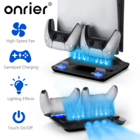 Onrier Cooling Fan Stand for PS5 Console Controller Gamepad Charger Fast LED Charging Station for Sony Playstation 5 Accessories