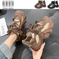 預購 Alberta 偏小 跟高6CM 鬆糕厚底老爹鞋女復古潮酷鞋繫帶休閒運動鞋 黑 棕 2色