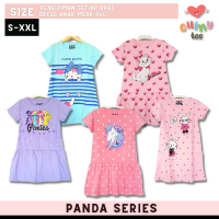 Dress anak perempuan lengan pendek 2 - 7 tahun ponnies unicorn pink kucing Casual V-Neck Cotton Cewe