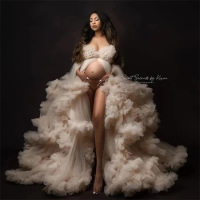 Puffy Tulle Ruffled Pregnancy Dress To Photo Shoot Fluffy Ruffles Tiered Maternity Gowns for Babyshower
