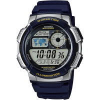 【CASIO 卡西歐】學生錶 多功能世界時間電子錶-藍銀(AE-1000W-2AV)
