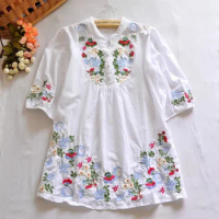 Vintage 70s Women Colorful Mexican Ethnic Gypsy Dress Floral Embroidered Boho Blouse Blusas Camisas Femininas