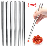 5 Pairs Chinese Chopsticks Stainless Steel Non-slip Sushi Chopstick Korean Japanese Food Metal Sticks Kitchen Tableware Set