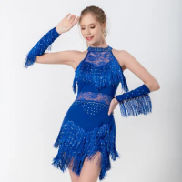 Women Dancewear Latin Dance Dress Sequins Fringe Flapper Sexy Hollow Ballroom Salsa Tango Cha Cha Samba Rave Dress