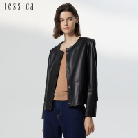 JESSICA - 簡約百搭顯瘦柔軟羊皮圓領皮衣外套224Z01（黑）