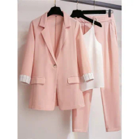 2023 spring new plus size Korean elegant women's suit female blazer leisure pants Tweed suit jacket three piece jacket pants set