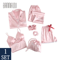 BANNIROU Sleepwear For Women Pyjama Set Women's Pajama Home Clothes Silk Female Pyjamas 7 Pcs Pajama For Woman Set Free Shipping