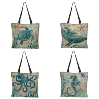 Digital Waterproof Linen Shopping Bag, 3D Turtle Pattern Printing