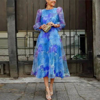 Autumn Women Evening Dress Elegant Female Casual Gauze Floral Printed Dress Spring Lady O Neck 3/4 Puff Sleeve Swing Party Dress