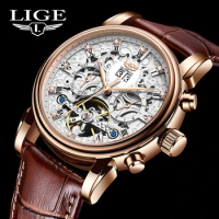 LIGE Brand Fashion Luxury Mechanical Man Watch Business Leather Strap Automatic Watch for Men Waterproof Sport Tourbillon Clock