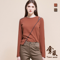 【TOWNWEAR棠葳】貴氣鑽飾不對稱上衣 2色(中大尺碼/女上衣/女上著/棉質/長袖/撞色/拼接/開衩)