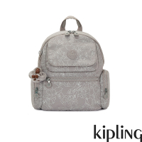 Kipling 岩石灰花卉線條印花多口袋拉鍊後背包-MATTA