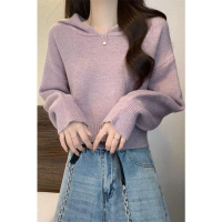 Purple Hooded Knitted Sweater for Women 2025 Autumn Winter Lazy Style Loose Fashionable Slimming Pul