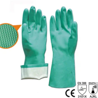 NMShield 15 Mil Long Cuff Flock Lined Green Nitrile Chemical Resistant Gloves for Work Safety Industry