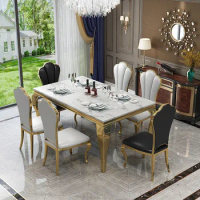 Luxury golden stainless steel dining table and chair combination hotel dining room marble dining table rock table