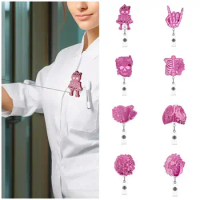 Pink Nurse Retractable Badge Reel Skull ID Card Clips Hospital Badge Holder Acrylic 360 Rotating Alligator Clip Name Card Holder