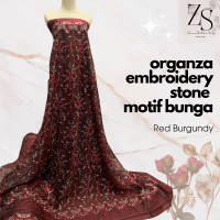 {HARGA SETENGAH METER} Bahan Kain Organza Bordir Payet Stone Two Tone Motif Bunga Warna Dark Maroon 