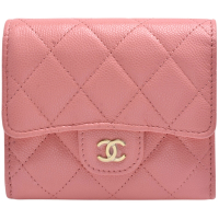 CHANEL 經典菱格粒紋牛皮雙C LOGO三折短夾(粉紅色)