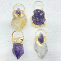 Natural Gem Stone Quartz Yellow Crystal Amethyst Geode Irregular Shape Pendants charms For DIY Jewelry Making Necklaces 3Pcs