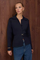 Trendyol Special Collection Navy Blue Belted Polo Neck Knit Cardigan