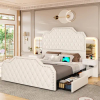 Queen Size 53” Tall Platform Bed Frame With 4 Storage Drawers Built in Charging Station &amp; LED Bedroom White Headboards Under Bed