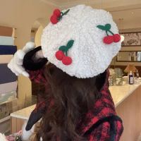 Korean Cherry Lamb Wool Warm Beret Hat Women Big Head Bud Painter Hat Japanese Woolen Painter Hat
