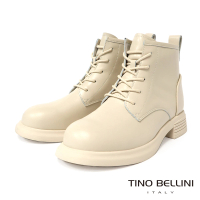 【TINO BELLINI 貝里尼】牛皮圓頭繫帶厚底短靴FWNO038(米白)